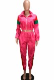 rose red Elastic Fly Long Sleeve Mid Print Patchwork pencil Pants Two-piece suit