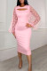 Pink Casual Elegant Solid Hollowed Out Patchwork O Neck One Step Skirt Dresses