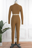 Brown Sexy Solid Bandage Patchwork Turndown Collar Long Sleeve Two Pieces