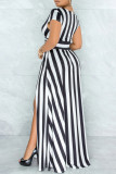 Red Fashion Casual Striped Print Slit V Neck Short Sleeve Dress