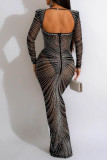Red Sexy Patchwork Hot Drilling See-through Backless Square Collar Long Sleeve Dresses
