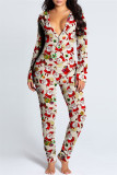 Red Casual Living Print Patchwork V Neck Regular Jumpsuits