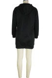Black Casual Letter Print Basic Hooded Collar Long Sleeve Dresses