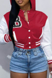 Red Casual Letter Embroidery Patchwork Hooded Collar Outerwear