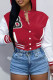 Red Casual Letter Embroidery Patchwork Hooded Collar Outerwear