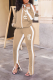 Khaki Street Print Hollowed Out Zipper Collar Long Sleeve Two Pieces