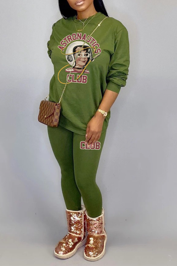 Green Casual Print Patchwork O Neck Long Sleeve Two Pieces