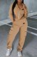 Brown Street Print Asymmetrical Hooded Collar Long Sleeve Two Pieces
