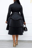 Black Casual Solid Patchwork With Belt V Neck Long Sleeve Dresses