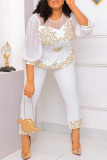 Cyan Casual Patchwork Basic O Neck Two Pieces