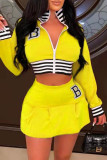 Yellow Casual Letter Print Patchwork Zipper Collar Long Sleeve Two Pieces