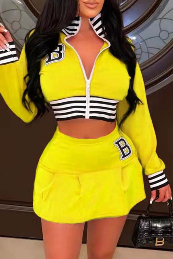 Yellow Casual Letter Print Patchwork Zipper Collar Long Sleeve Two Pieces