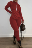 Red Casual Print Patchwork Turtleneck Long Sleeve Two Pieces