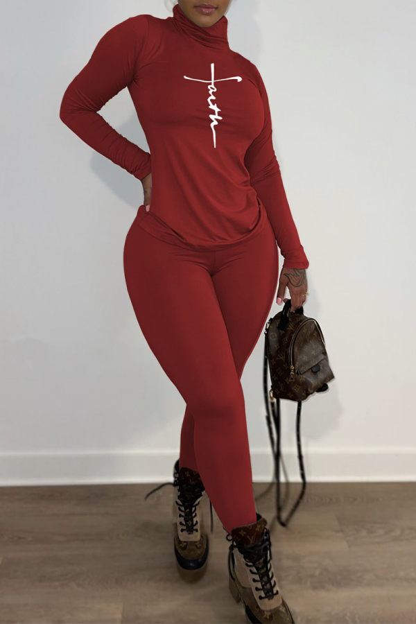 Red Casual Print Patchwork Turtleneck Long Sleeve Two Pieces