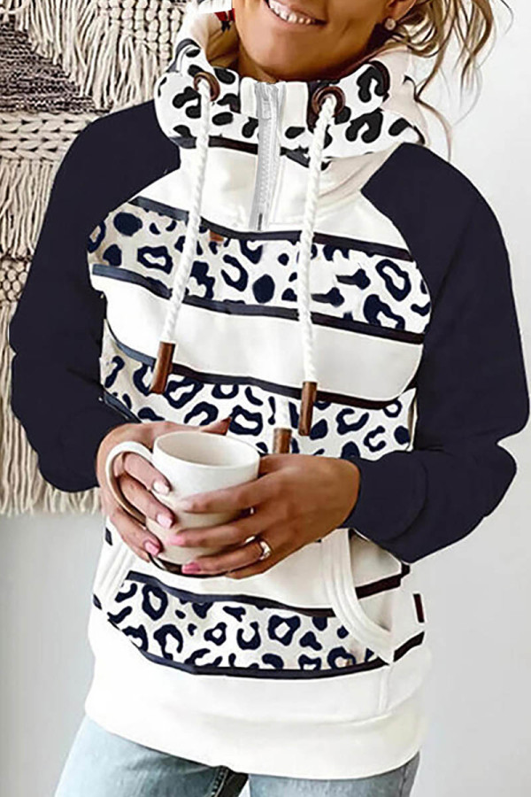 Black White Casual Print Patchwork Hooded Collar Tops