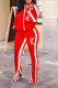 Red Street Print Hollowed Out Zipper Collar Long Sleeve Two Pieces