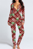 Red Casual Living Print Patchwork V Neck Regular Jumpsuits