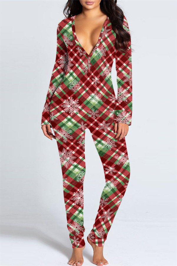 Red Green Casual Living Print Patchwork V Neck Regular Jumpsuits
