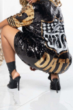 Black Street Patchwork Sequins O Neck Straight Dresses