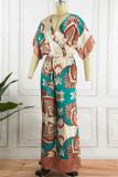 Brown Casual Print Patchwork V Neck Loose Jumpsuits