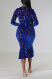 Blue Sexy Solid Patchwork V Neck Trumpet Mermaid Dresses