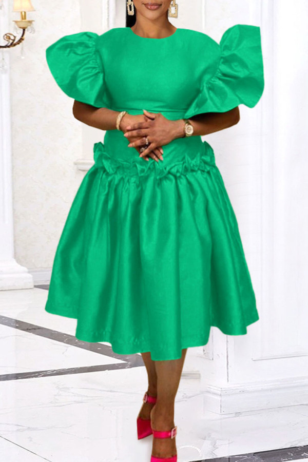 Green Elegant Solid Patchwork Flounce O Neck Evening Dress Dresses