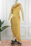Gold Elegant Solid Patchwork Flounce Asymmetrical Oblique Collar Evening Dress Dresses