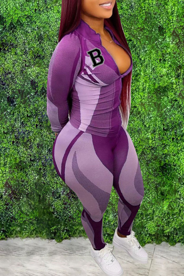 Pink Purple Casual Sportswear Print Patchwork Zipper Cardigan Collar Long Sleeve Two Pieces