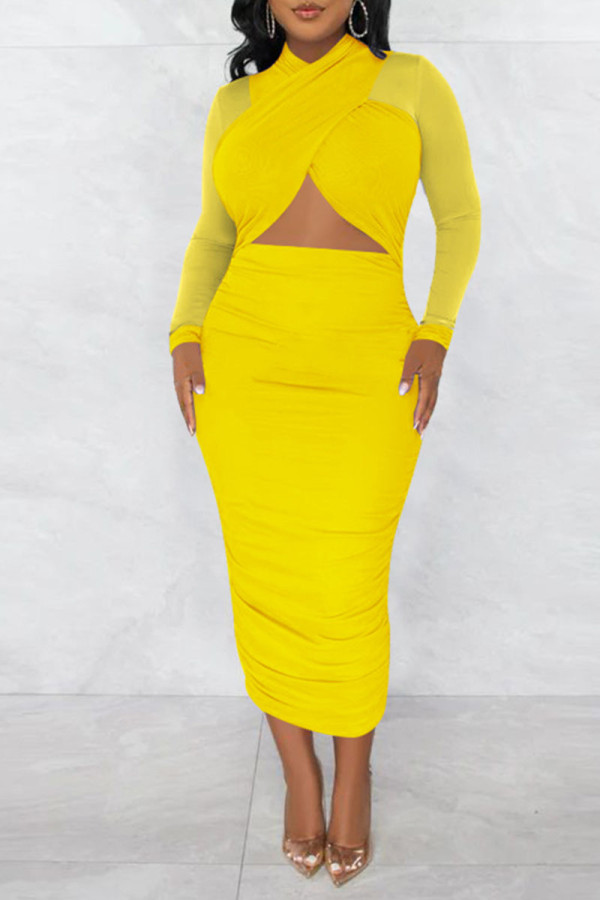 Yellow Sexy Solid Hollowed Out Patchwork Pencil Skirt Dresses