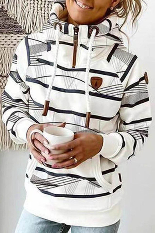 White Casual Print Patchwork Hooded Collar Tops