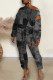 Black Casual Print Ripped Oblique Collar Long Sleeve Two Pieces
