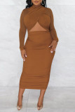 Coffee Sexy Solid Hollowed Out Patchwork Pencil Skirt Dresses