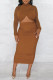 Coffee Sexy Solid Hollowed Out Patchwork Pencil Skirt Dresses