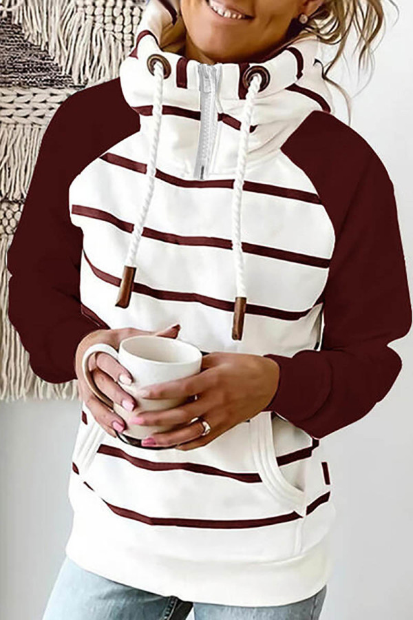 Red White Casual Print Patchwork Hooded Collar Tops