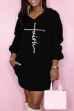 Red Casual Print Patchwork V Neck Long Sleeve Dresses