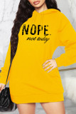 Yellow Casual Letter Print Basic Hooded Collar Long Sleeve Dresses