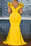 Yellow Sexy Casual Solid Patchwork V Neck Long Dress Dresses