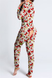 Red Casual Living Print Patchwork V Neck Regular Jumpsuits