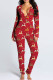 Red Casual Living Print Patchwork V Neck Regular Jumpsuits