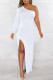 White Sexy Formal Solid Backless Slit Oblique Collar Long Sleeve Dresses