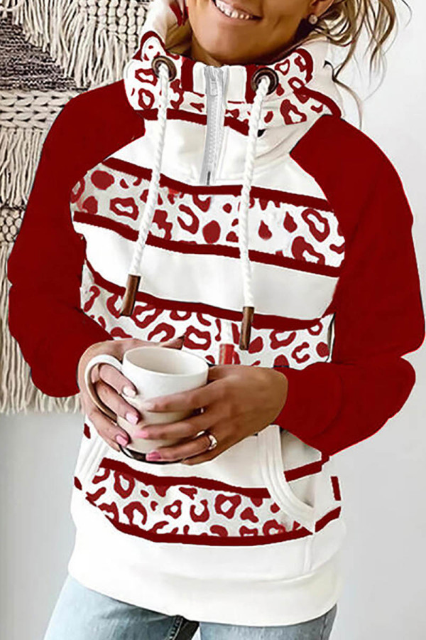 Red Casual Print Patchwork Hooded Collar Tops
