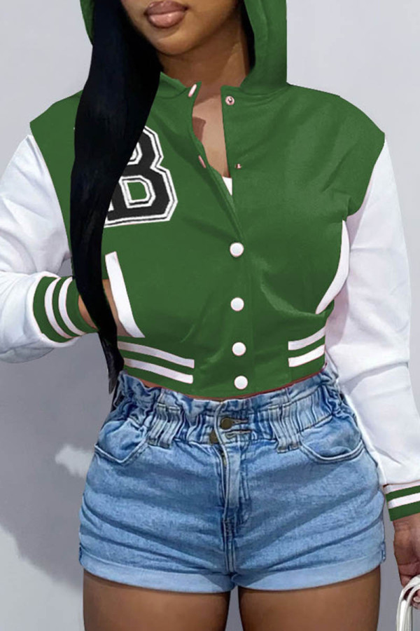 Green Casual Letter Embroidery Patchwork Hooded Collar Outerwear