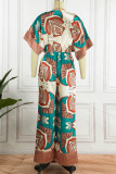 Brown Casual Print Patchwork V Neck Loose Jumpsuits