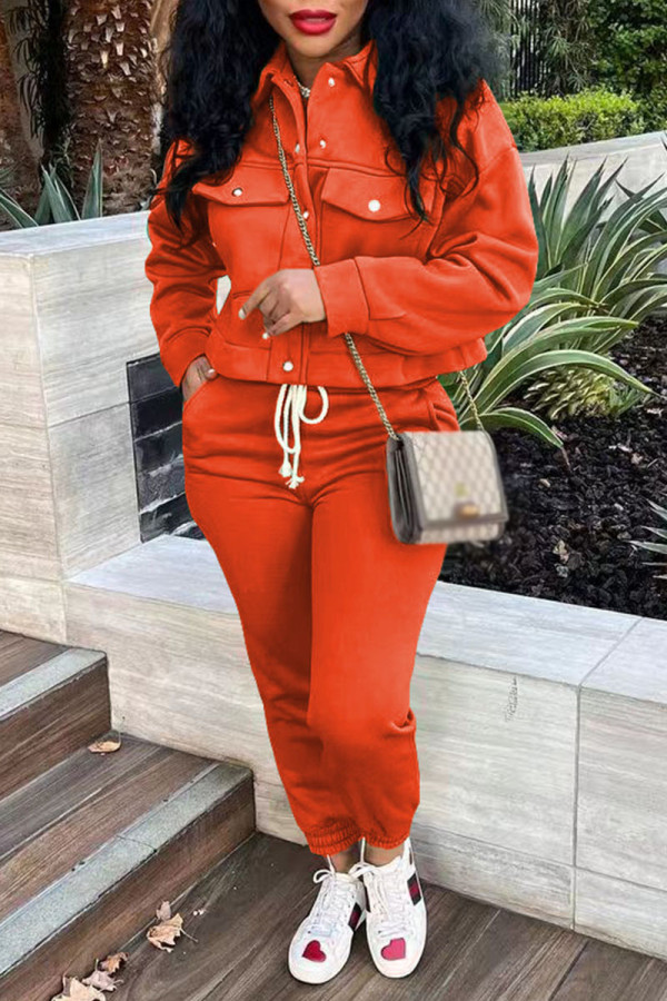 Orange Casual Solid Patchwork Buckle Turndown Collar Long Sleeve Two Pieces