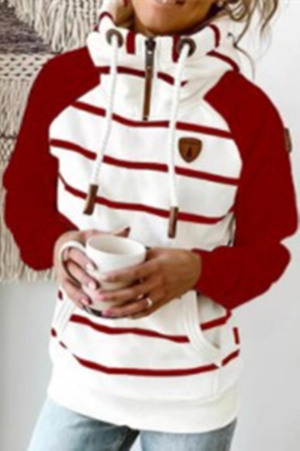 Red Casual Striped Print Basic Hooded Collar Tops