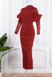 Red Sexy Solid Patchwork Half A Turtleneck Evening Dress Dresses