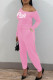Pink Casual Letter Print Patchwork Oblique Collar Regular Jumpsuits