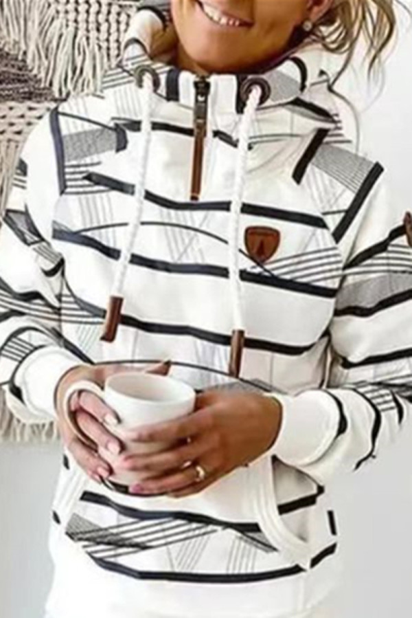 White Casual Striped Print Basic Hooded Collar Tops