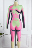 Pink Sexy Street Print Patchwork O Neck Long Sleeve Two Pieces