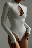 White Sexy Solid Hollowed Out Half A Turtleneck Skinny Bodysuits